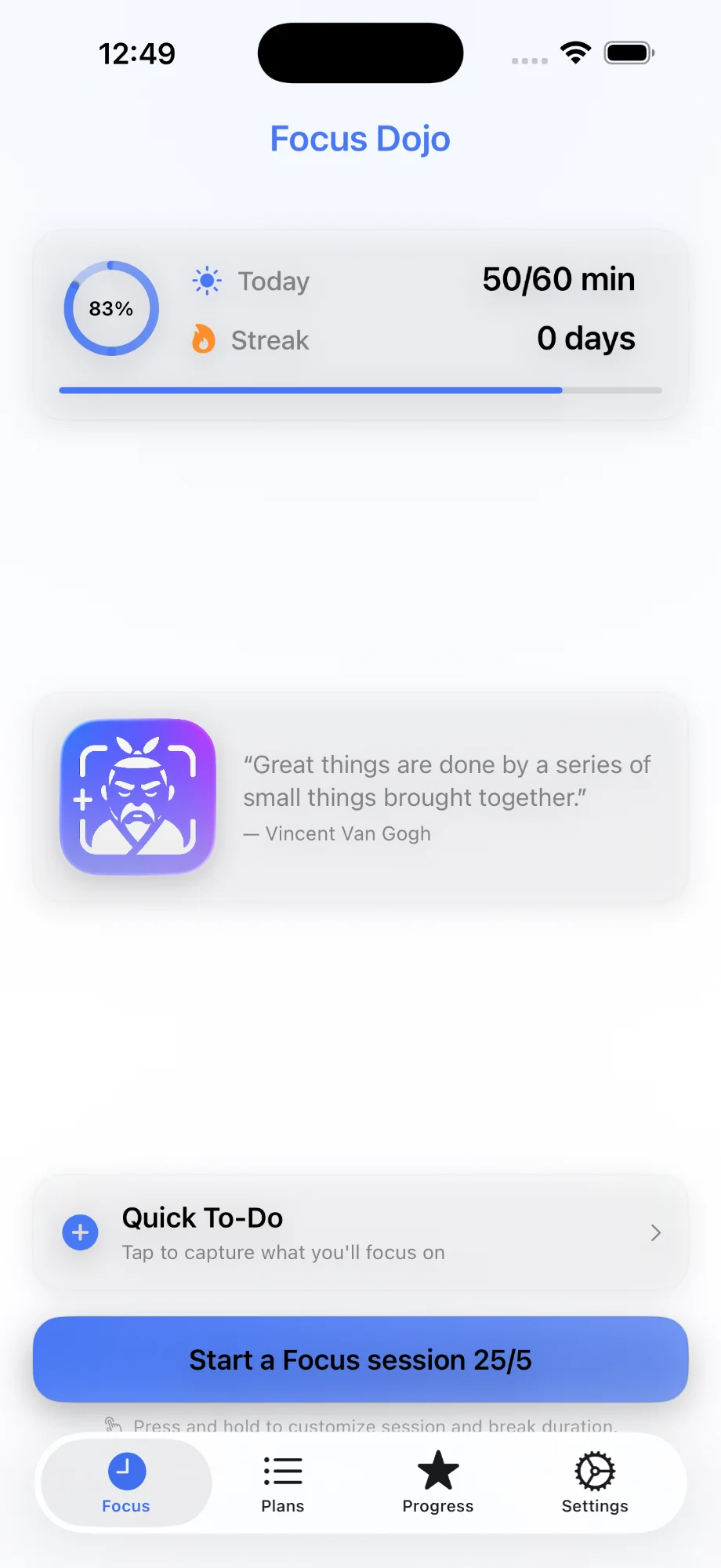 FocusSensei app home screen showing focus session interface