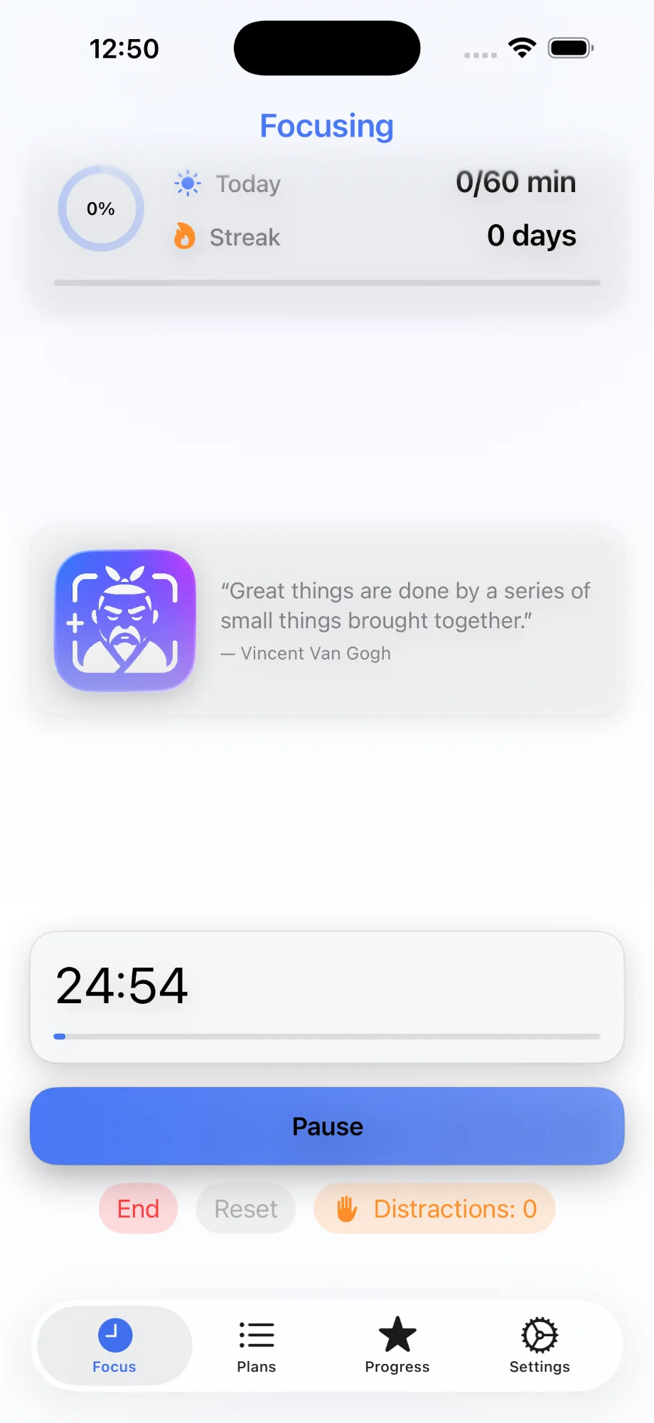 Focus timer showing 24:54 remaining