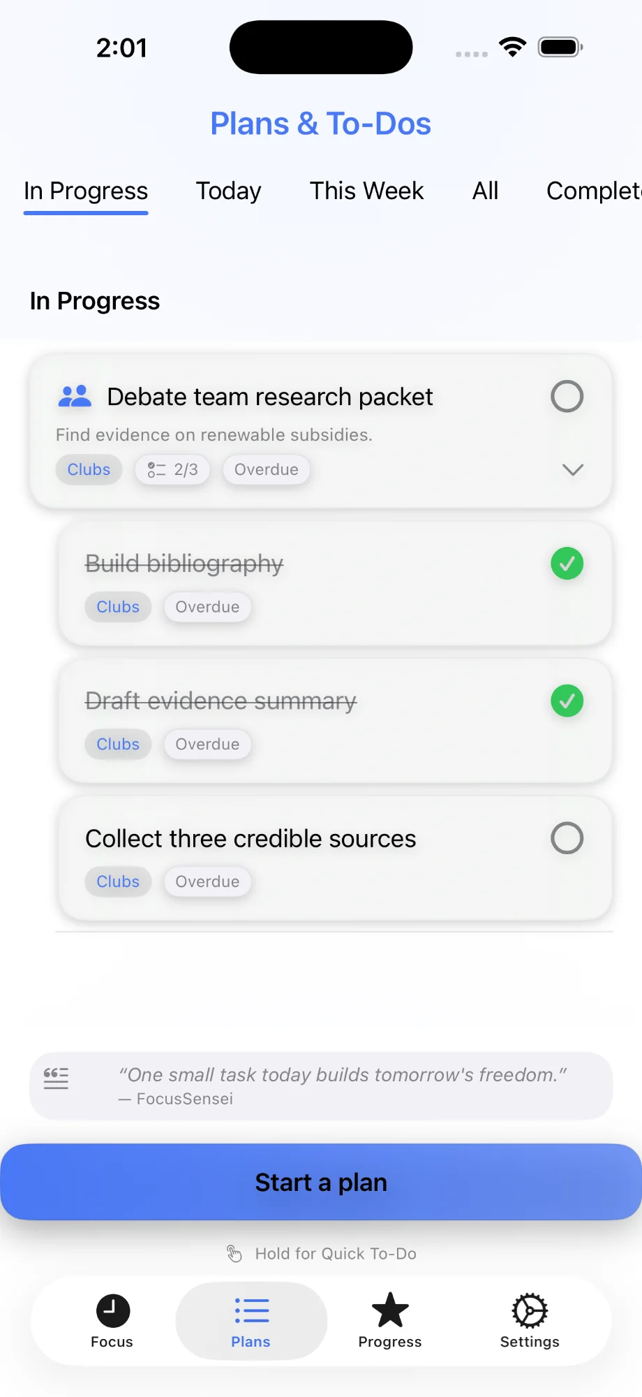 Plans view showing tasks with completed items
