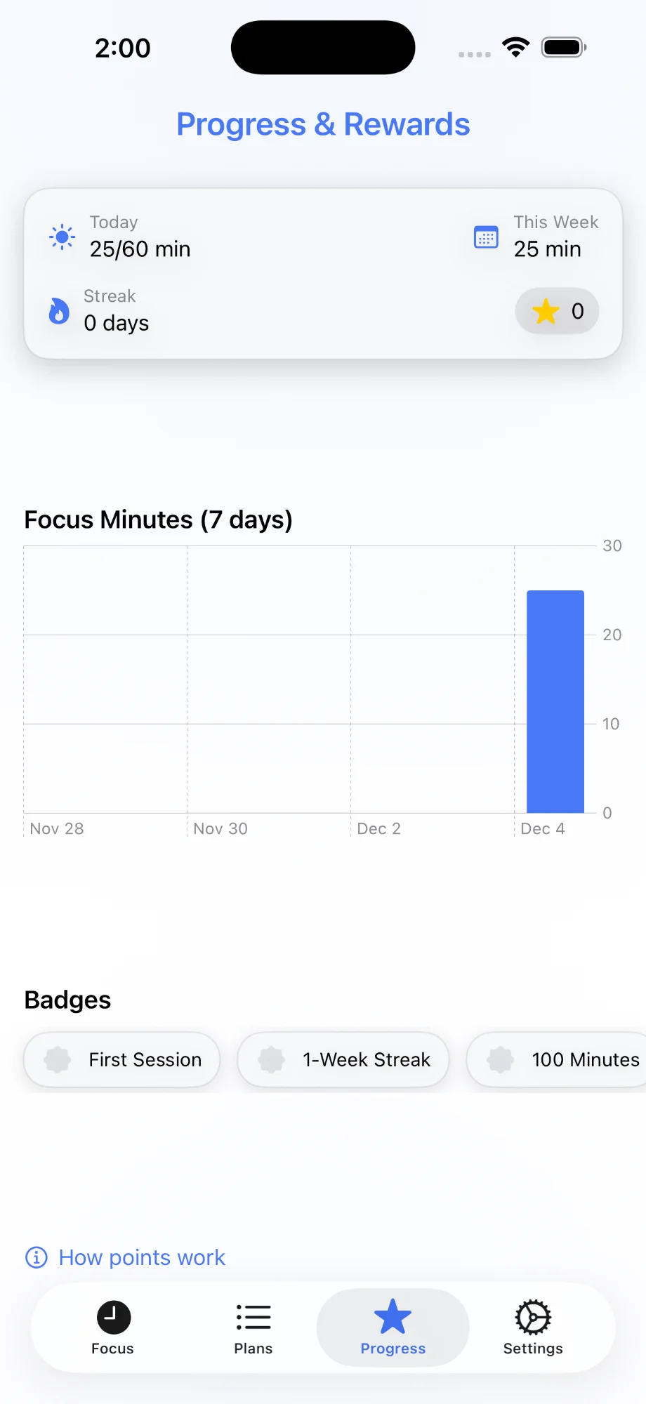 Progress screen showing 25 minutes today and badges